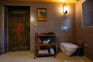 ein Badezimmer mit einem WC und einer Holztür in der Unterkunft Kadievi in Ürgüp