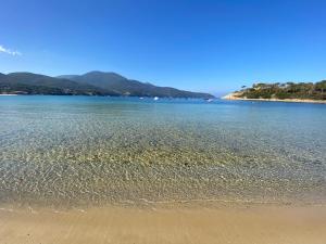 a body of water with a beach and mountains at Podere Il Ritorno in Portoferraio