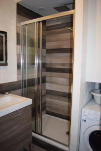 a shower in a bathroom with a sink and a washing machine at Superbe T3 classé 3 étoiles Chez Cathy et Frank situé en plein centre de Gérardmer in Gérardmer