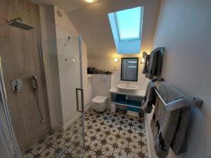 a bathroom with a shower and a toilet and a window at Słoneczny Zakątek Sominy in Sominy