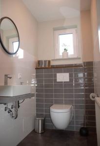 a bathroom with a toilet and a sink and a mirror at Ferienhaus Esten's Eifelheimat Wehr Eifel in Wehr