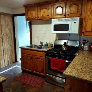 a kitchen with a stove and a microwave at Vintage Cozy Family Home near National Parks in Saint Anthony