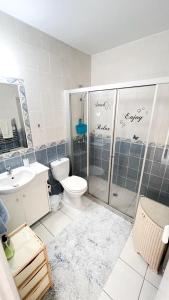 a bathroom with a toilet and a shower and a sink at Anthea Gardens - Cosy Condo in Paphos