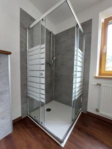 - une douche avec une enceinte en verre dans l'établissement Schmiederlerhof, à Neustift im Stubaital