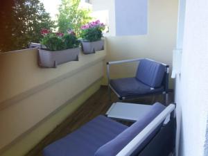 a balcony with a blue chair and two potted plants at Apartament Góra Szybowcowa in Jelenia Góra