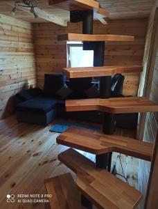 salon w małym domku z drewnianymi ścianami w obiekcie Domki letniskowe w mieście Jedlińsk