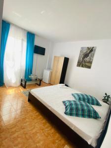 a bedroom with a large bed with blue curtains at Casa Ana in Bucharest