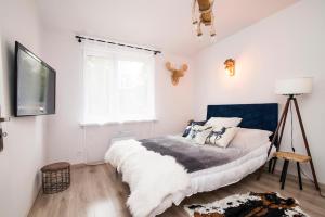 a bedroom with a bed and a window at Uroczy Apartament Muszynka in Muszynka