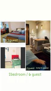 duas fotografias de um quarto com uma cama e uma secretária em Apartment Gateway pasteur em Bandung