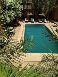 a swimming pool in a resort with chairs and trees at Riad Bouchedor in Ouarzazate