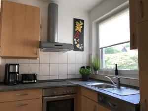 eine Küche mit einem Waschbecken und einem Fenster in der Unterkunft Zum Sieck Müden-Örtze in Faßberg