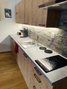 a kitchen with a sink and a counter top at Apartmán JUH in Tale