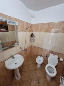 un bagno con lavandino, water e specchio di Studio Vlora a Vlorë