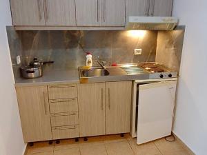 una pequeña cocina con fregadero y nevera. en Vila Gusti, en Borsh