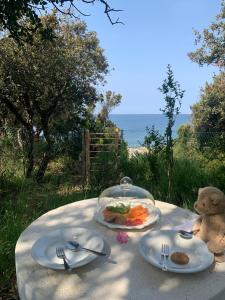 a teddy bear sitting at a table with plates of food at Robinson house Leticia in Cunski