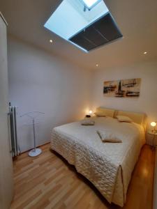 a bedroom with a large bed and a skylight at FeWo in Hamburg