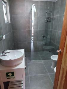 een badkamer met een douche, een wastafel en een toilet bij Casa do sanguinho in Fayal da Terra