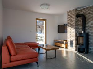 a living room with a couch and a fireplace at Białe Chyże in Wetlina