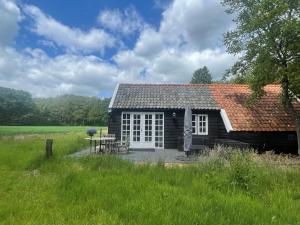 a small cabin with a picnic table in a field at Natuurhuisje - Gastenverblijf De Kleine Hazerij in Wijhe