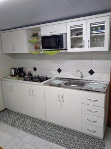a white kitchen with a sink and a microwave at Casa e Flat Conforto Gramado in Gramado