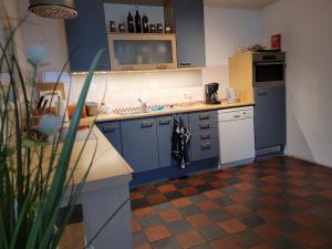 una cocina con armarios azules y un aparato blanco en Erve Niehof, en Diepenheim