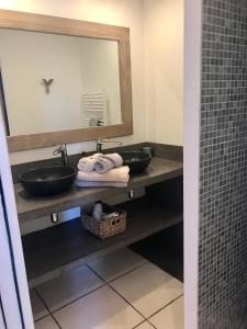 ein Badezimmer mit zwei Waschbecken und einem großen Spiegel in der Unterkunft Gîte Crillon - Mas Les Fleurs d'Hilaire in Monteux