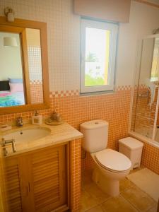 a bathroom with a toilet and a sink and a mirror at Porto Santo Casa Dourada in Porto Santo