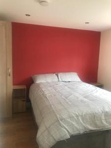 a bedroom with a bed with a red wall at Garden flat near the University of York in York