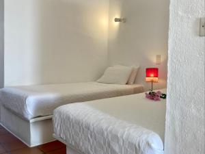 2 camas en una habitación con lámpara y flores en Alkyonis Villas, en Kamarai
