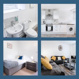 a collage of four pictures of a kitchen and living room at Perfect Location with Parking -Jersey Lodge in Swansea