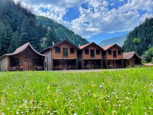 un grupo de edificios de madera en un campo de césped en Raha Villa Bungalow en Uzungol