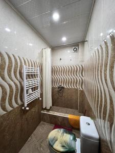 ein kleines Bad mit einem WC und einer Dusche in der Unterkunft Gabriel's Apartment in Zqaltubo