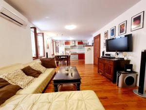 a living room with a couch and a flat screen tv at Apartments Lara 2 with more affordable parking in Piran