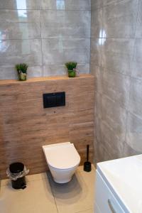 a bathroom with a toilet and a sink at Pokoje Śródmieście in Bydgoszcz