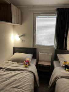 dwa łóżka z misiami siedzącymi na nich w sypialni w obiekcie Polderhuisje 1 - Heerlijk chalet met overkapt terras en 2 slaapkamers - max 4 pers - 3 km van Noordzee - locatie op camping 1 w mieście Rockanje