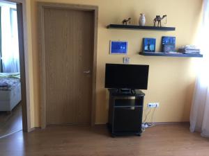 a room with a door and a television on a table at Árnyas apartman in Pécs