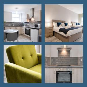 a collage of four pictures of a kitchen and a bedroom at Copper House in Swansea