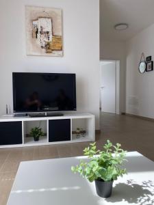 a living room with a flat screen tv on a white entertainment center at Ferienwohnung Im Dhrontal in Gräfendhron
