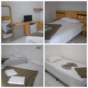 three pictures of a bedroom with two beds and a desk at Hotel Itamaraty in Várzea Grande