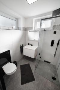 a bathroom with a toilet and a sink and a shower at Melitta Vendégház in Magyarhertelend