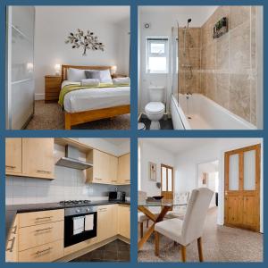 a collage of four pictures of a bedroom and a bathroom at River House with Parking - TV in Every Bedroom! in Loughor