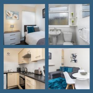 uma colagem de quatro fotos de uma cozinha e uma casa de banho em Cosy Stay Swansea - TV in every bedroom em Swansea