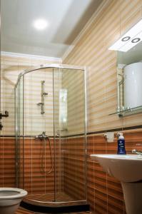 a bathroom with a shower and a toilet and a sink at Lusi Holiday, Смолянски езера in Smolyan