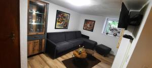 sala de estar con sofá negro y mesa en Ferienwohnung Seelust en Schluchsee