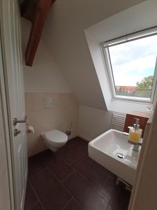 La salle de bains est pourvue de toilettes, d'un lavabo et d'une fenêtre. dans l'établissement Pension Zur Sülte, à Sülte