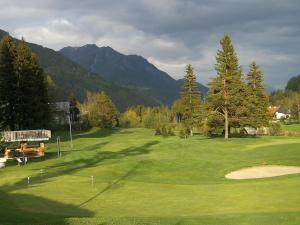 a green golf course with mountains in the background at Apartma Antico in Kranjska Gora