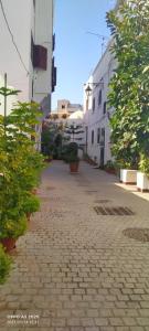una calle adoquinada en una ciudad con edificios blancos en My house en Rabat