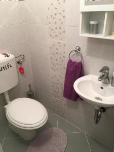 La salle de bains est pourvue de toilettes et d'un lavabo. dans l'établissement Nikka Apartments, à Malinska