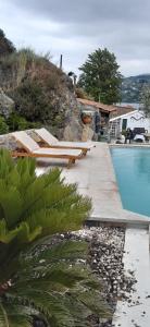 una piscina con tumbonas junto a una casa en Casa Mateus - Aregos Douro Valley en Santa Cruz do Douro