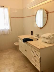 een badkamer met een wastafel, een spiegel en een toilet bij Villa Sévigné in Gréoux-les-Bains